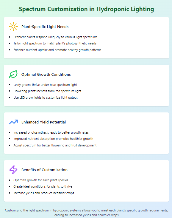 Spectrum Customization in Hydroponic Lighting: Discusses plant-specific light needs, optimal growth conditions, enhanced yield potential, and benefits of customization for future trends in hydroponic lighting.