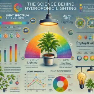 The Science Behind Hydroponic Lighting: Infographic detailing the science behind hydroponic lighting, comparing LED vs. HPS lighting, light spectrum, light intensity, and photoperiod effects on plant growth.