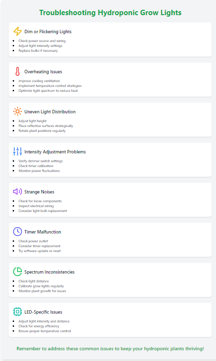 Troubleshooting Hydroponic Grow Lights: Solutions for dim or flickering lights, overheating issues, uneven light distribution, intensity adjustment problems, strange noises, timer malfunctions, spectrum inconsistencies, and LED-specific issues.