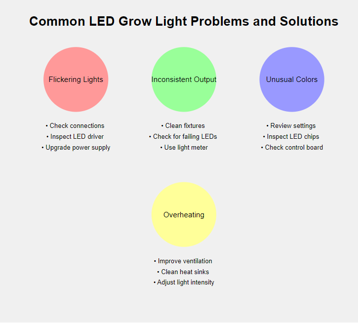 Common LED grow light problems and solutions infographic, including issues like flickering lights, inconsistent output, unusual colors, and overheating, with troubleshooting tips.