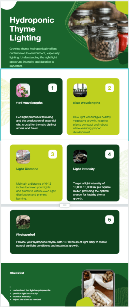 Hydroponic thyme lighting: Explains red and blue wavelengths for growth, light distance, light intensity, photoperiod requirements, and includes a checklist for optimal thyme growth under hydroponic conditions.