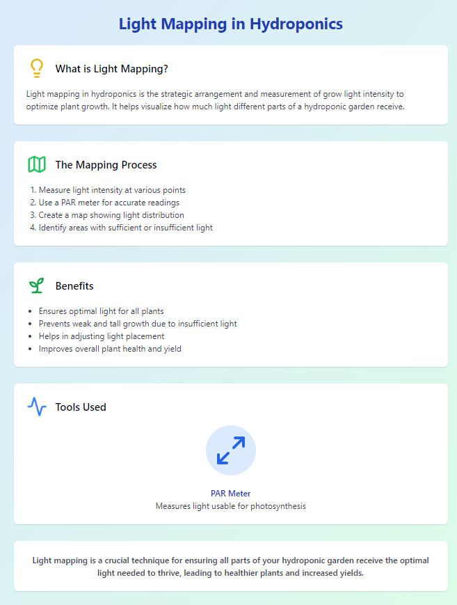 Infographic on light mapping in hydroponics explaining the strategic arrangement and measurement of grow light intensity to optimize plant growth. Includes sections on the mapping process, benefits, and tools used like a PAR meter. Key points include ensuring optimal light distribution, preventing weak growth, and improving overall plant health and yield.