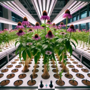 Echinacea plants growing hydroponically  indoors with grow lights