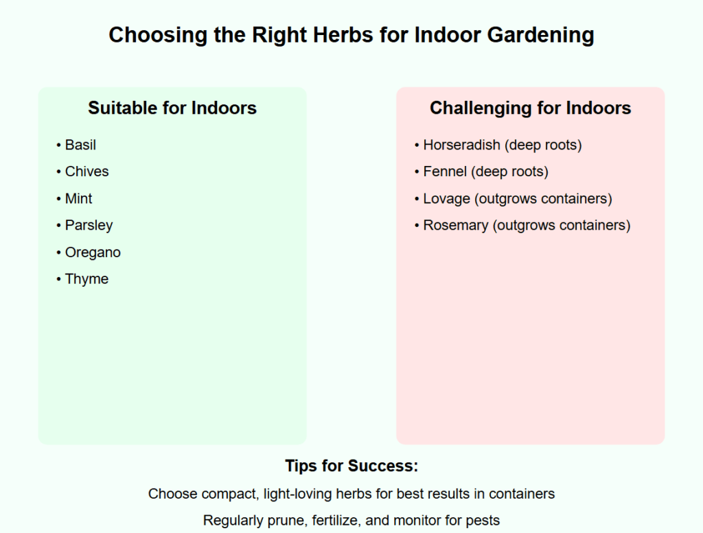 Infographic titled 'Choosing the Right Herbs for Indoor Gardening'. Two columns compare suitable and challenging herbs for indoor growing. Left column in light green lists suitable herbs: basil, chives, mint, parsley, oregano, and thyme. Right column in light red lists challenging herbs: horseradish and fennel (deep roots), lovage and rosemary (outgrow containers). Bottom text provides tips: choose compact, light-loving herbs and regularly prune, fertilize, and monitor for pests.