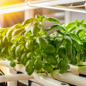 How much sun does a basil plant need? Here is a thriving basil plant, situated in a modern hydroponic setup, basking in the warm sunlight. The lush green leaves are illuminated by golden sun rays, emphasizing their vibrant color and health. The hydroponic system is sleek and efficient, with clear tubes and a gentle mist of nutrients. The overall atmosphere of the image is one of harmony and growth, highlighting the crucial role of sunlight in producing a bountiful harvest of healthy basil.