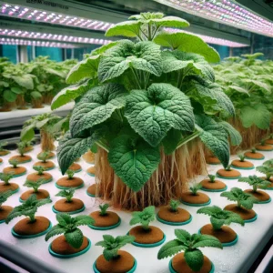 Borage plants growing under grow lights indoors