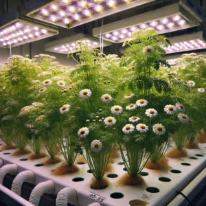 feverfew plants growing hydroponically under grow lights indoors