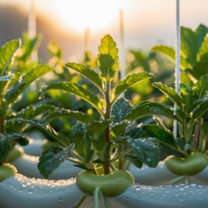 How much sun does mint need? Here is a lush mint plant growing in a hydroponic garden, receiving gentle morning sunlight. The sun is rising, casting a soft, warm light over the vibrant green leaves, with a hint of dew visible on the foliage.