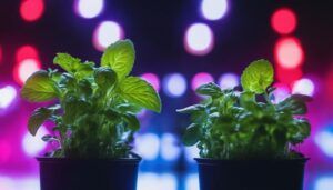 exploring light for herbs: what does the light spectrum mean? Herbs under multi-colored lights are shown to represent colors influencing herb growth.