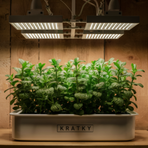 An image showing the Kratky method of hydroponic herbs growing mint under LED grow lights, demonstrates the importance of proper lighting. This image can help readers understand how to position their lights and the type of lights to use.
