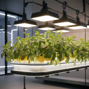 Lemon Verbena plants growing hydroponically under grow lights indoors