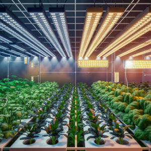 a detailed indoor hydroponic garden setup with multiple plants growing in rows under LED and HPS grow lights.  This demonstrates light mapping techniques in hydroponics. The setup includes a gridlayout with lights strategically positioned to ensure uniform light distribution. The LED lights are depicted with adjustable spectrums, emitting a cool blue light, while the HPS lights provide a warm yellowish glow. Additionally, the image highlights areas with reflective surfaces to maximize light efficiency and reduce shadows. The garden also includes a few shaded spots being adjusted with additional lighting to optimize growth.