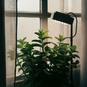 An indoor setup with a mint plant placed near a window, basking in indirect sunlight. The window has a sheer curtain diffusing the light, and a small grow light is positioned nearby to supplement lighting.