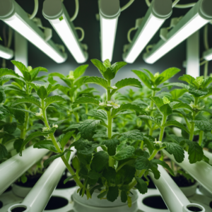 Peppermint plants growing hydroponically under grow lights indoors