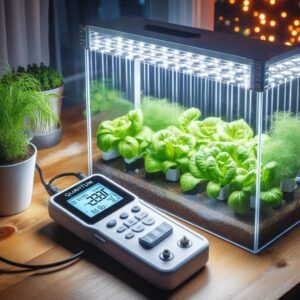 a quantum light meter sitting on a table next to a small hydroponic garden with led lighting over it.