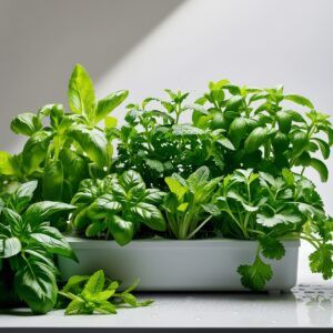 Assortment of vibrant green herbs like basil, mint, and cilantro in a compact hydroponic system