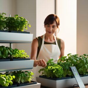 Person checking water levels and adjusting settings on a sleek hydroponic herb garden
