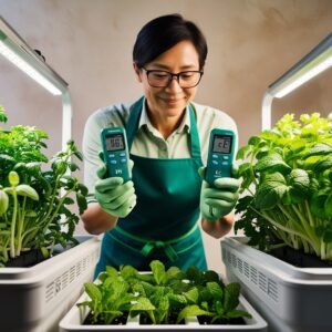 Gardener using a digital pH and EC meter to monitor water quality in a hydroponic system.