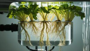 Healthy plant roots in pure water illustrate why water quality in hydroponics is crucial