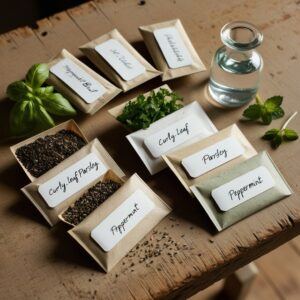 A collection of herb seeds ideal for the soaking method of seed selection, including basil, parsley, and mint.