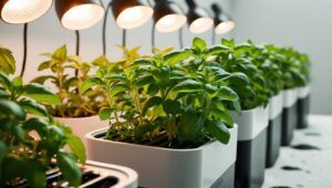 A crisp and vibrant photograph of lush, emerald-green basil, mint, and thyme plants flourishing in a compact indoor hydroponic under halogen grow lights