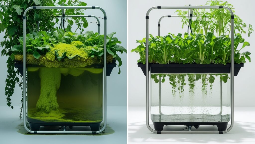 A hydroponic system with algae buildup contrasted with a clean, algae-free system. This shows problems with nutritional deficiencies in hydroponic systems.