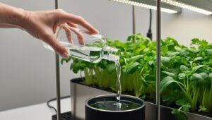 A hand pouring nutrient solution into a hydroponic system for healthy herb growth