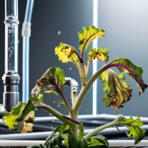Close-up of a hydroponic herb plant with yellow, purple, and curled leaves showing symptoms of nutrient deficiencies in hydroponic systems