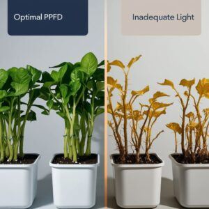 Comparison of healthy hydroponic plants receiving optimal Photosynthetic Photon Flux Density next to weaker plants with insufficient light, emphasizing PPFD's importance.