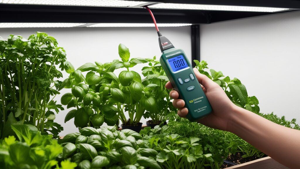 Indoor herb garden under LED grow lights with a light meter measuring light intensityIndoor herb garden under LED grow lights with a light meter measuring light intensity.to support the calculation of daily light integral