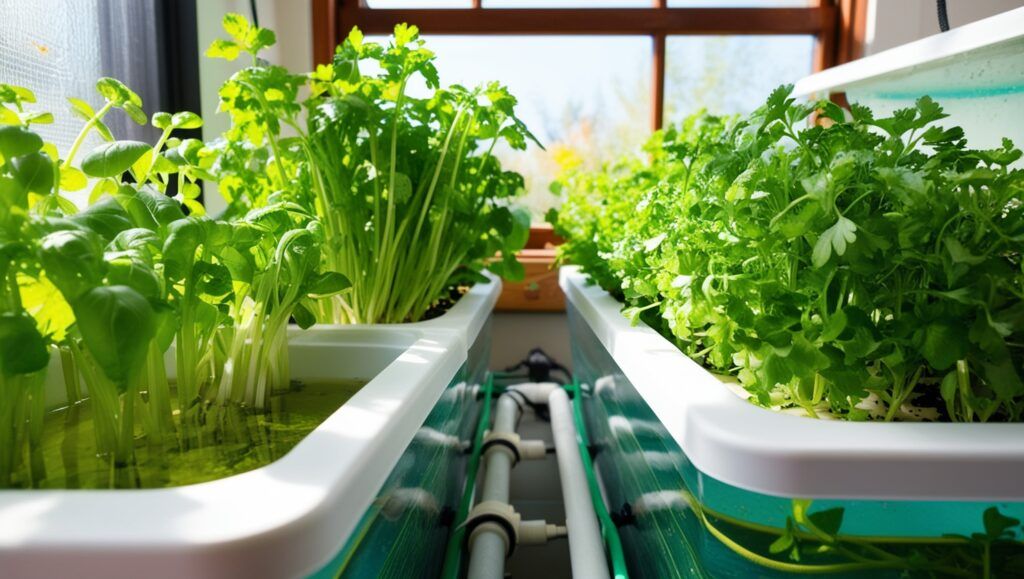 Healthy indoor hydroponic herb garden with clean, algae-free reservoirs and vibrant plant growth.