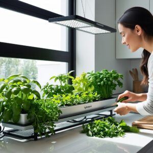 An indoor hydroponic herb garden setup in a modern kitchen, featuring vibrant green herbs like basil, mint, and parsley growing in a sleek hydroponic system. The garden is positioned near a large window with natural light pouring in, but LED grow lights are also visible. The space is clean and organized, with no soil or mess, highlighting the water-efficient and pest-free nature of hydroponics. A person is snipping fresh herbs to add to a dish, emphasizing the convenience and year-round freshness of homegrown produce.