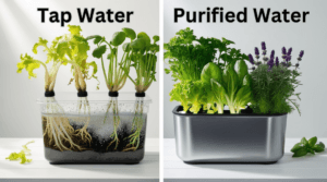 Comparison of hydroponic systems using tap water versus purified water showing the impact on plant growth.