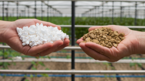 one hand holding perlite the other holding vermiculite suitable as a growth medium for hydroponic herbs