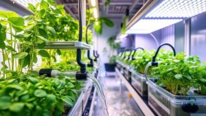 A hydroponic system growing herbs