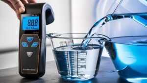 Close-up of measuring and mixing hydroponic nutrients, showing digital pH meter, measuring cups, and clear nutrient solution being added to water