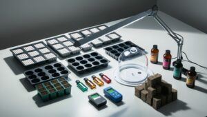 essential hydroponic equipment to start herb seeds indoors: seed trays, LED grow light, pH meter, nutrient bottles, rockwool cubes, and humidity dome arranged neatly on a white surface