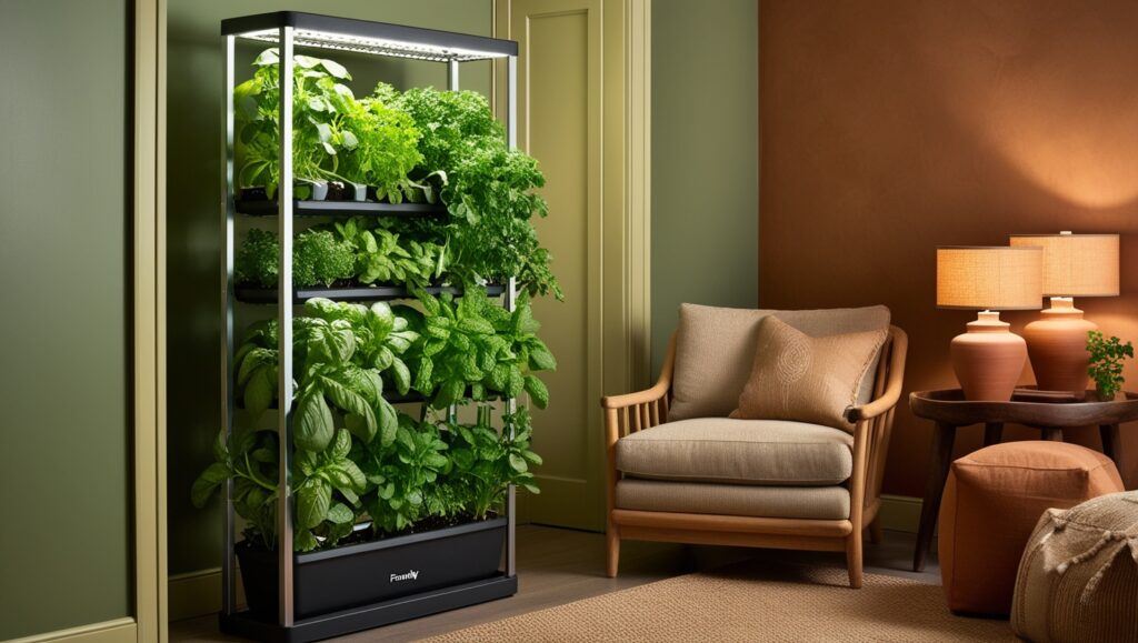 a garden in a living room demonstrating vertical hydroponics growing herbs indoors
