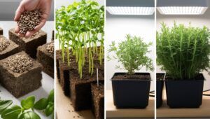 4 side-by-side images showing herb seed germination stages: seeds being placed in rockwool cubes, sprouting seedlings, young plants under grow lights, and mature herbs ready for transplanting