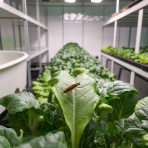 thrips on a leaf in an indoor hydroponic garden. The thrips is a small, slender insect with wings. The leaf is a vibrant green, and it is growing in a hydroponic garden set up in a room with white walls. There are other leaves in the background. The room has white shelves and a white tub on the left.