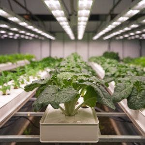  a hydroponic garden with whiteflies on the plants. The hydroponic garden is set up in a room with a few plants. The plants are in white containers and are placed on a rack. There are whiteflies on the plants. The room has a few lights.