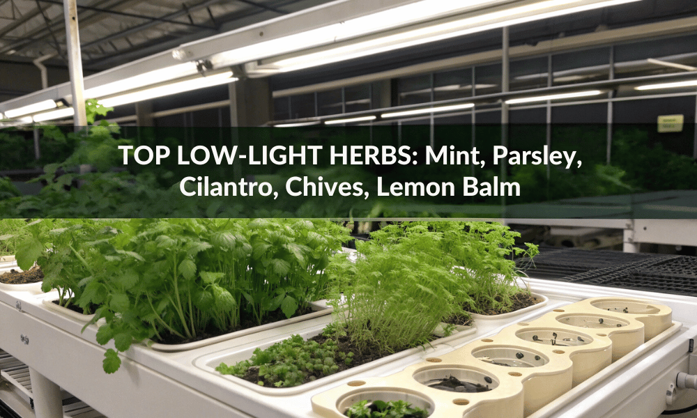 An infographic displaying illustrations of mint, parsley, cilantro, chives, and lemon balm in hydroponic setups suited for low light.