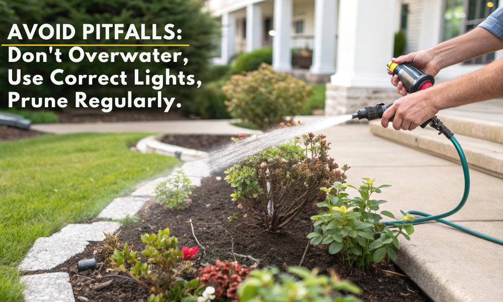 An infographic highlighting mistakes such as overwatering, wrong light spectrum, and neglecting pruning, using caution symbols.