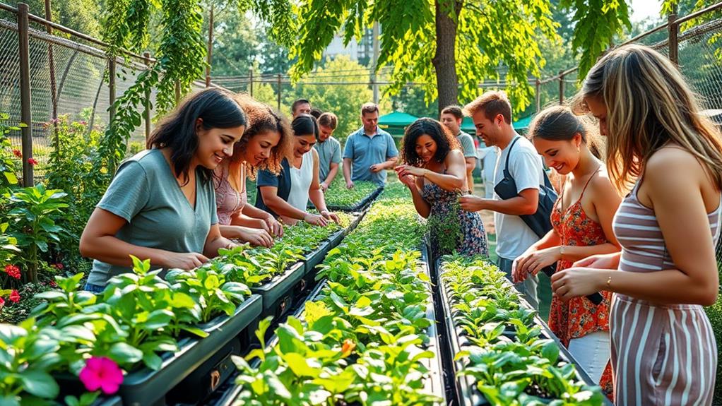 A vibrant community garden scene with diverse individuals joyfully tending to hydroponic plants, sharing tools, and exchanging smiles, surrounded by lush greenery, colorful flowers, and sunlight filtering through leaves, creating a sense of connection and harmony.
