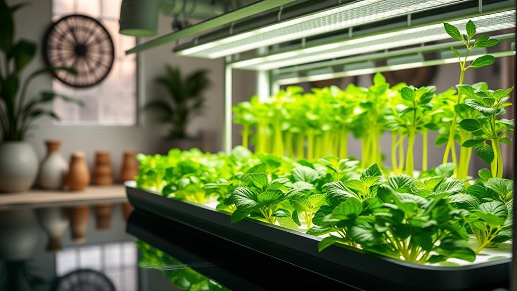 A serene indoor hydroponic farm featuring vibrant green plants thriving in a sleek, modern Flex Farm setup, illuminated by soft, natural light, with calm water reflecting the greenery, surrounded by soothing decor and tranquil ambiance.