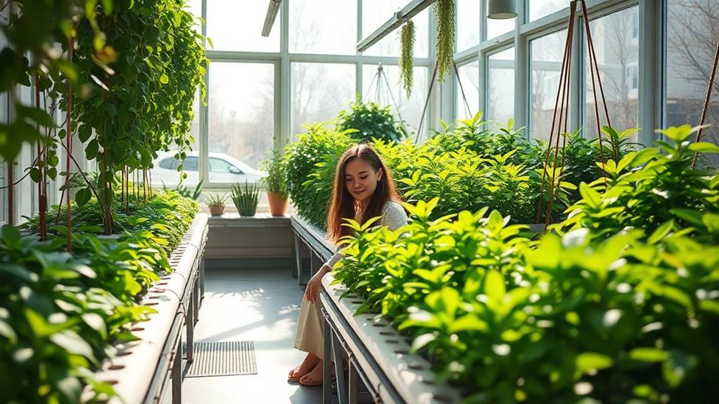 A serene indoor hydroponic garden filled with vibrant green plants, soft sunlight filtering through clear windows, a peaceful person gently tending to the plants, surrounded by calming colors and natural textures, evoking tranquility and mindfulness. This invokes the mental health benefits of hydroponic gardening.