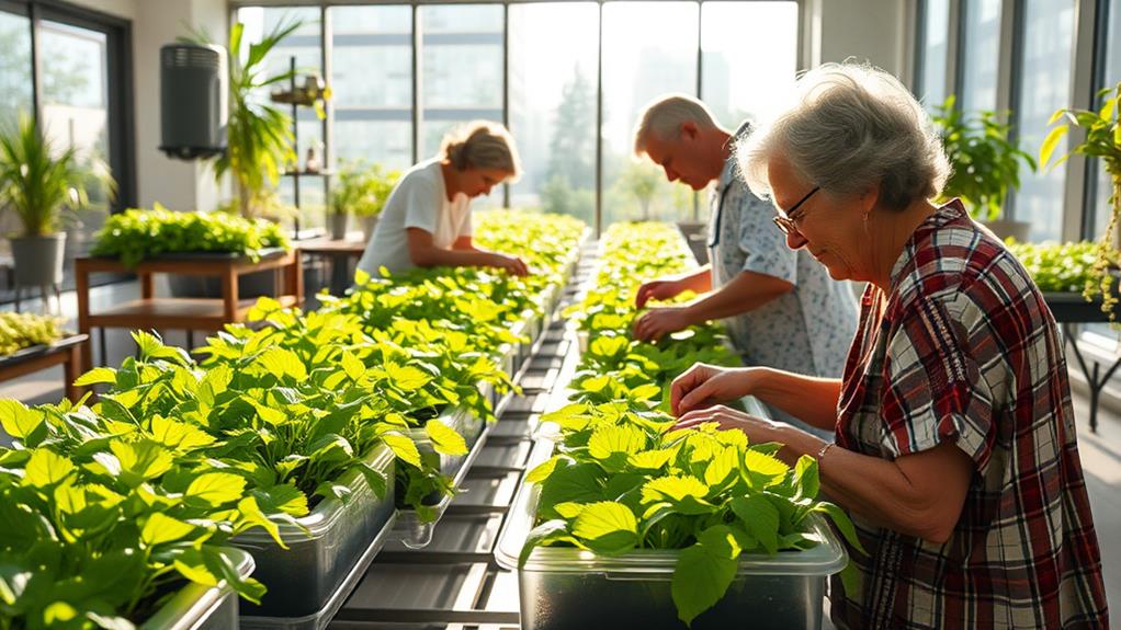 A serene care setting with individuals tending to vibrant hydroponic gardens, lush green plants thriving in transparent containers, sunlight streaming through large windows, creating a peaceful atmosphere that promotes mental well-being and connection.