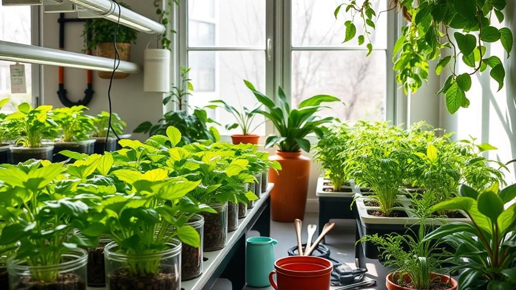 A serene indoor hydroponic garden with vibrant green plants in clear containers, soft natural light filtering through a nearby window, and a relaxed beginner tending to the garden, surrounded by calming greenery and tools.